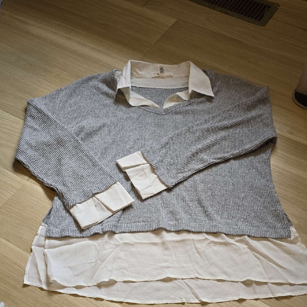 French Laundry Gray Knit V-Neck Sweater with White Shirt Layer
